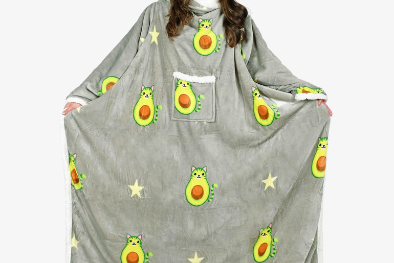 Avocado Cat Grey Microplush Sherpa Blanket with Sleeves for Adult