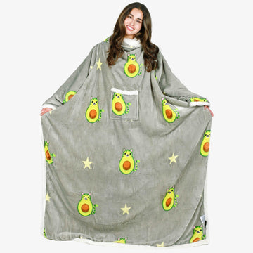 Avocado Cat Grey Microplush Sherpa Blanket with Sleeves for Adult