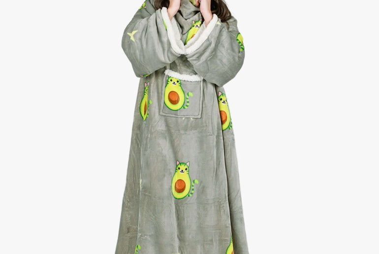 Avocado Cat Grey Microplush Sherpa Blanket with Sleeves for Adult