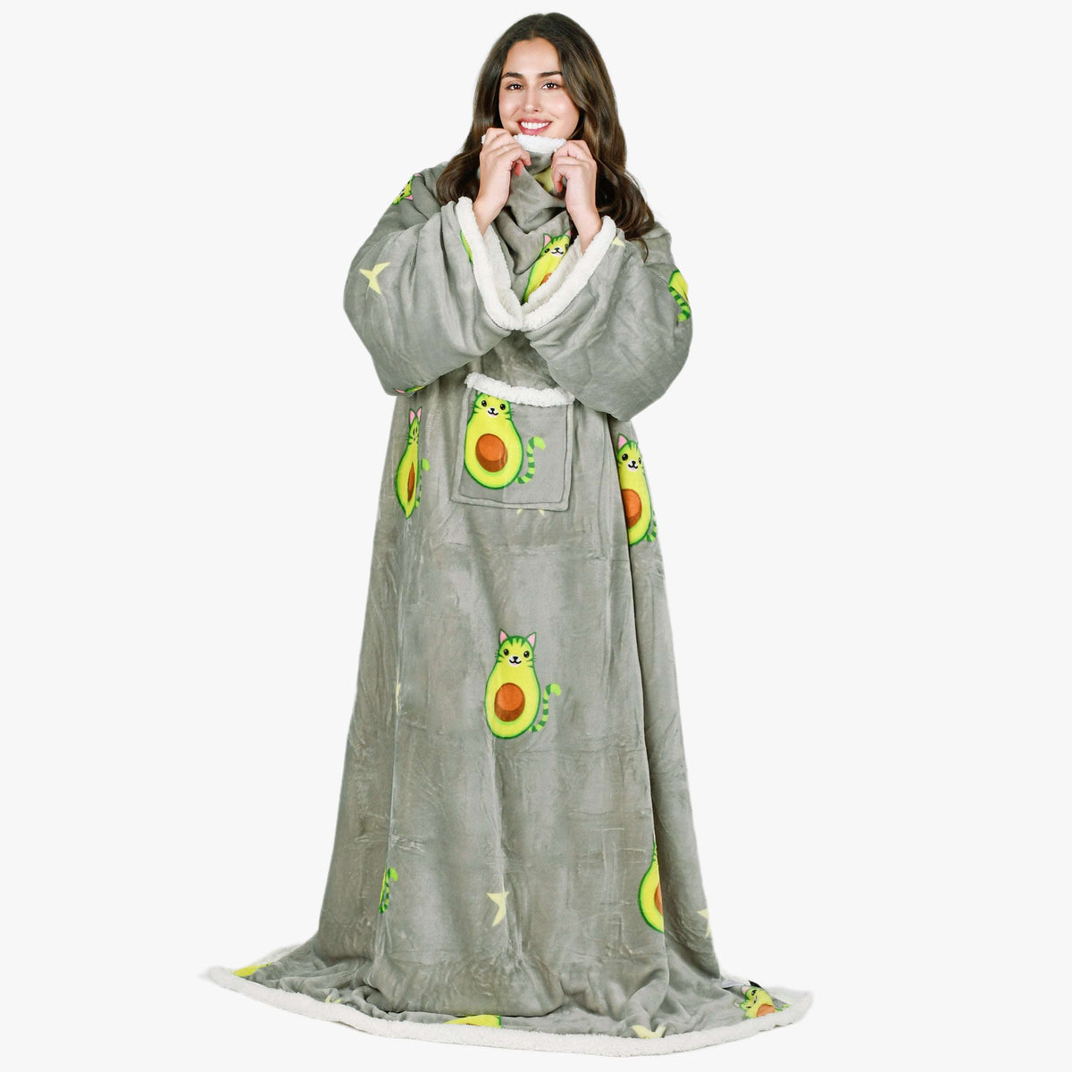 Avocado Cat Grey Microplush Sherpa Blanket with Sleeves for Adult