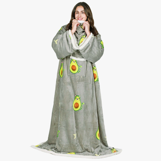 Avocado Cat Grey Microplush Sherpa Blanket with Sleeves for Adult
