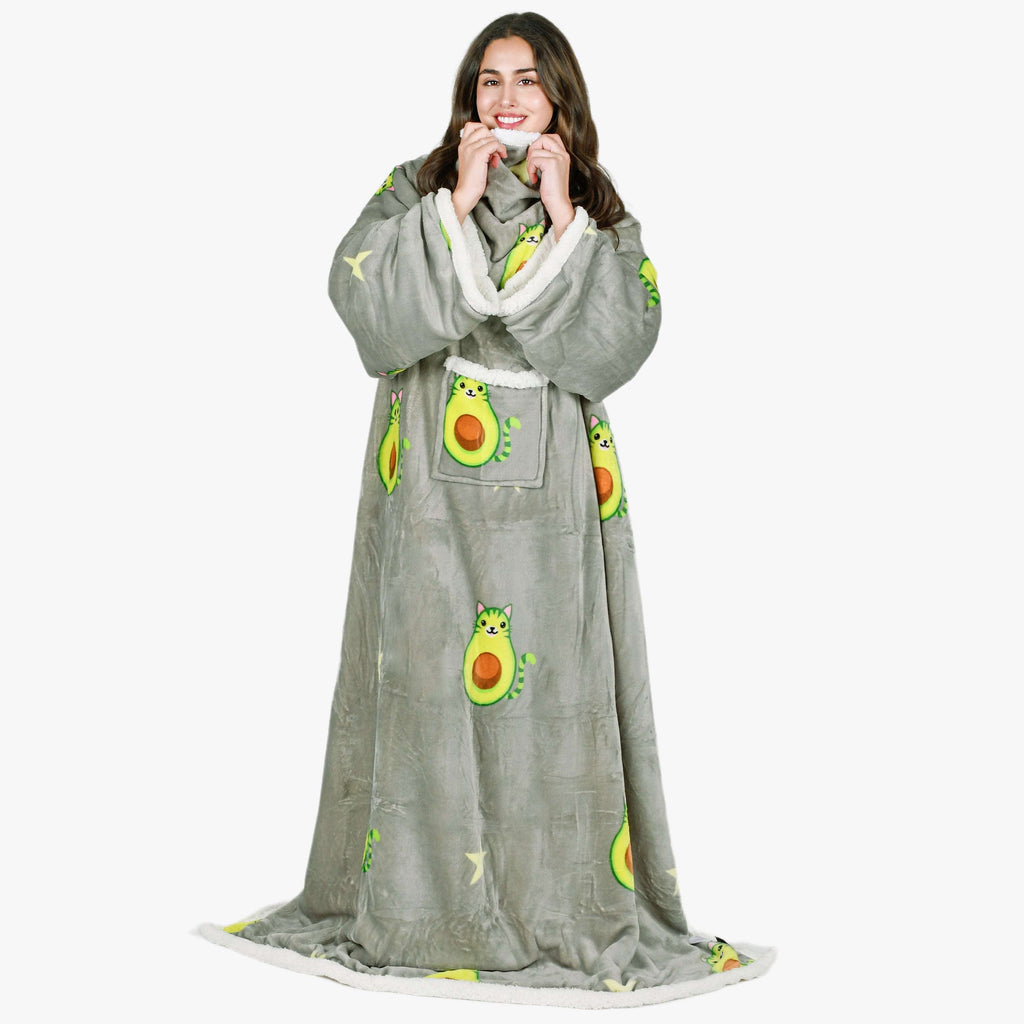 Avocado Cat Grey Microplush Sherpa Blanket with Sleeves for Adult