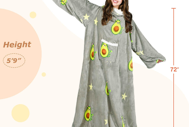 Avocado Cat Grey Microplush Sherpa Blanket with Sleeves for Adult