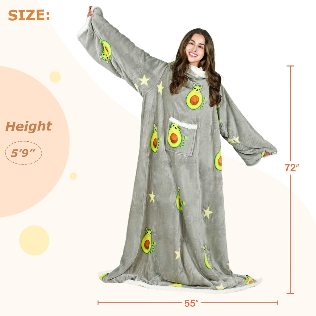Avocado Cat Grey Microplush Sherpa Blanket with Sleeves for Adult