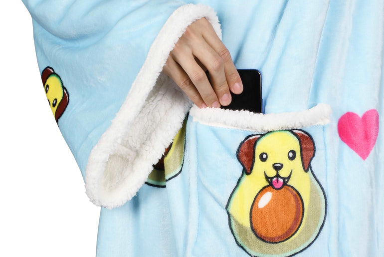 Avocado Dog Blue Microplush Sherpa Blanket with Sleeves for Adult