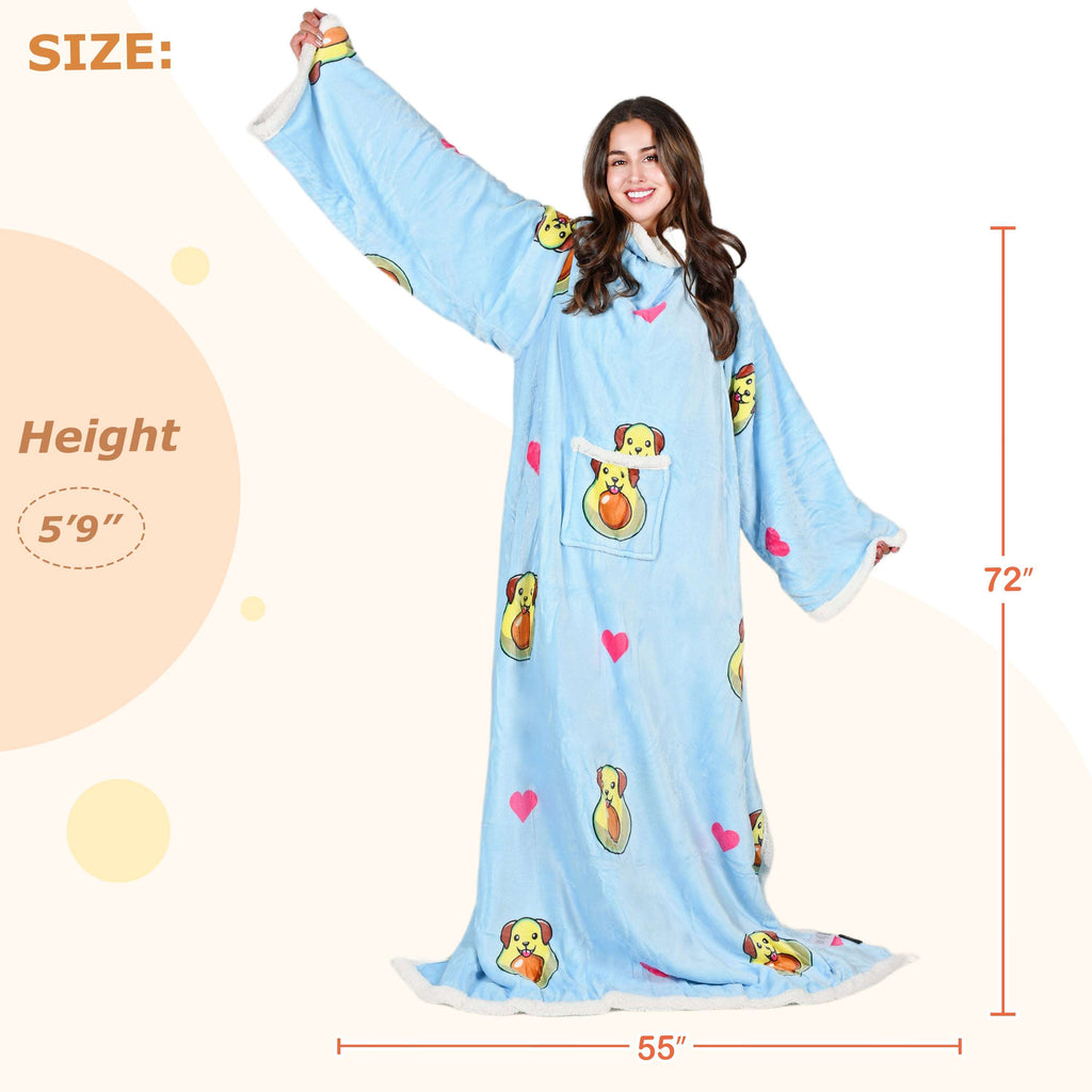 Avocado Dog Blue Microplush Sherpa Blanket with Sleeves for Adult