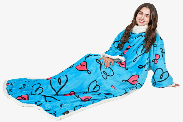 Love Art Blue Microplush Sherpa Blanket with Sleeves for Adult