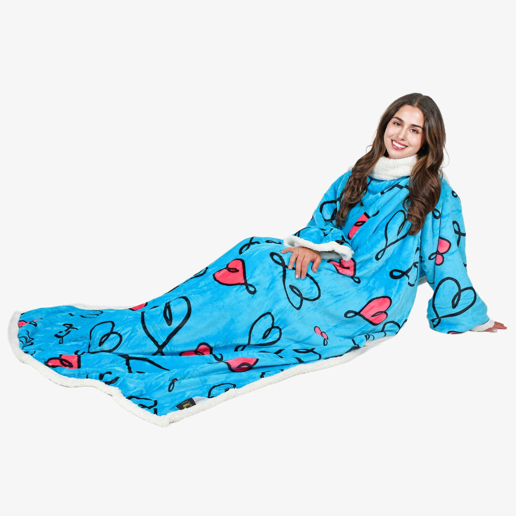 Love Art Blue Microplush Sherpa Blanket with Sleeves for Adult