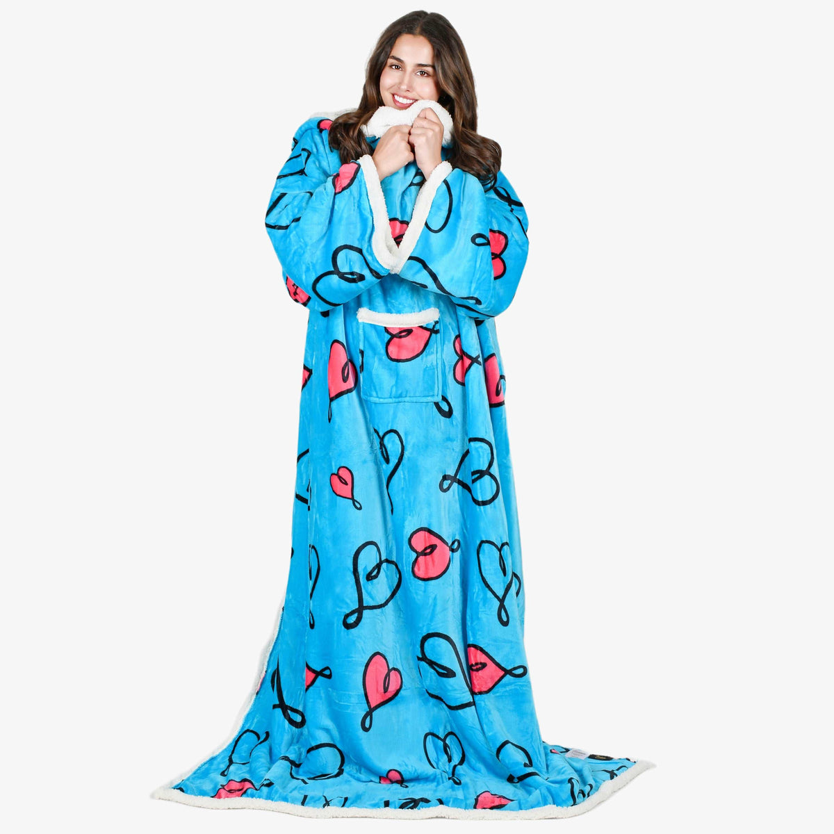 Love Art Blue Microplush Sherpa Blanket with Sleeves for Adult
