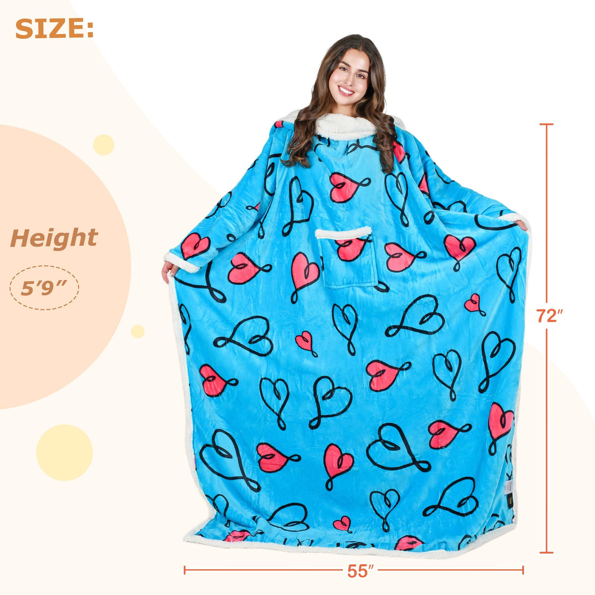 Love Art Blue Microplush Sherpa Blanket with Sleeves for Adult
