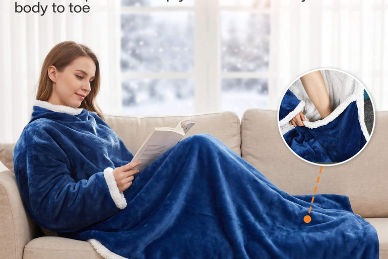 Tirrinia Heated Wearable Blanket with Sleeves — Electric Snuggle Blanket Robe, 10 Heat Levels & 1-12H Timer, Sherpa Flannel, Foot Pockets, 70" x 50"