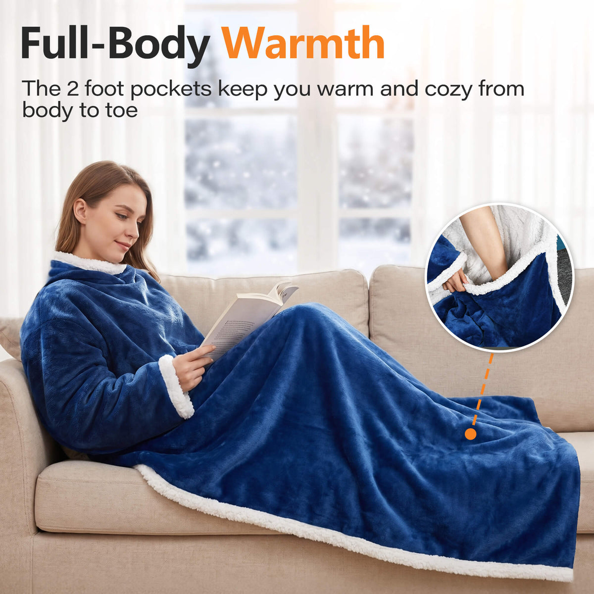 Tirrinia Heated Wearable Blanket with Sleeves — Electric Snuggle Blanket Robe, 10 Heat Levels & 1-12H Timer, Sherpa Flannel, Foot Pockets, 70" x 50"
