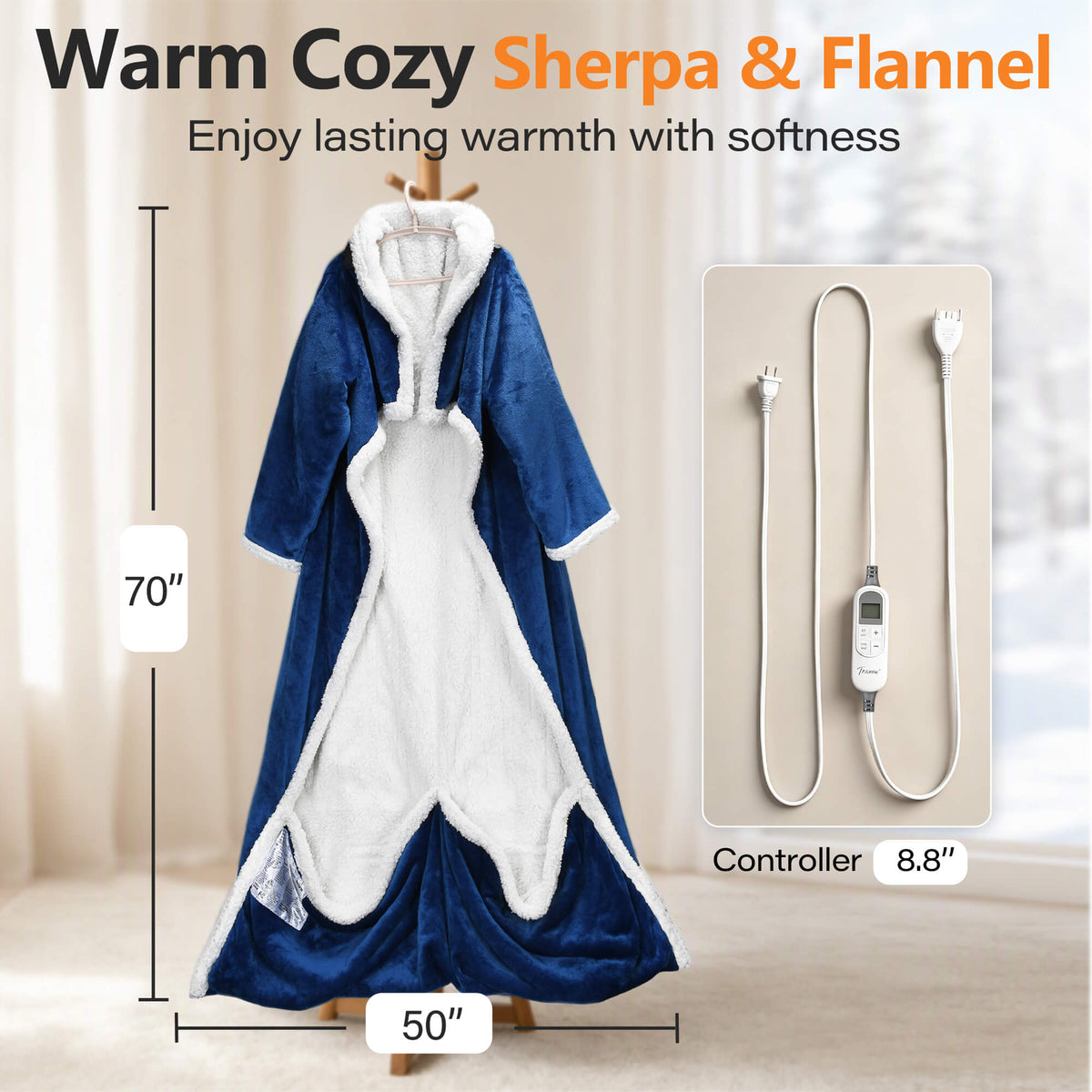 Tirrinia Heated Wearable Blanket with Sleeves — Electric Snuggle Blanket Robe, 10 Heat Levels & 1-12H Timer, Sherpa Flannel, Foot Pockets, 70" x 50"