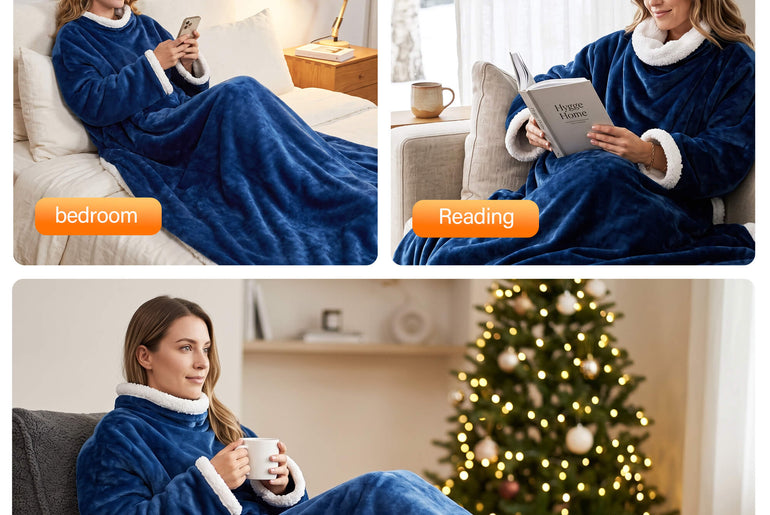 Tirrinia Heated Wearable Blanket with Sleeves — Electric Snuggle Blanket Robe, 10 Heat Levels & 1-12H Timer, Sherpa Flannel, Foot Pockets, 70" x 50"