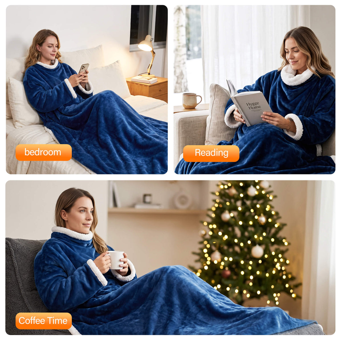 Tirrinia Heated Wearable Blanket with Sleeves — Electric Snuggle Blanket Robe, 10 Heat Levels & 1-12H Timer, Sherpa Flannel, Foot Pockets, 70" x 50"