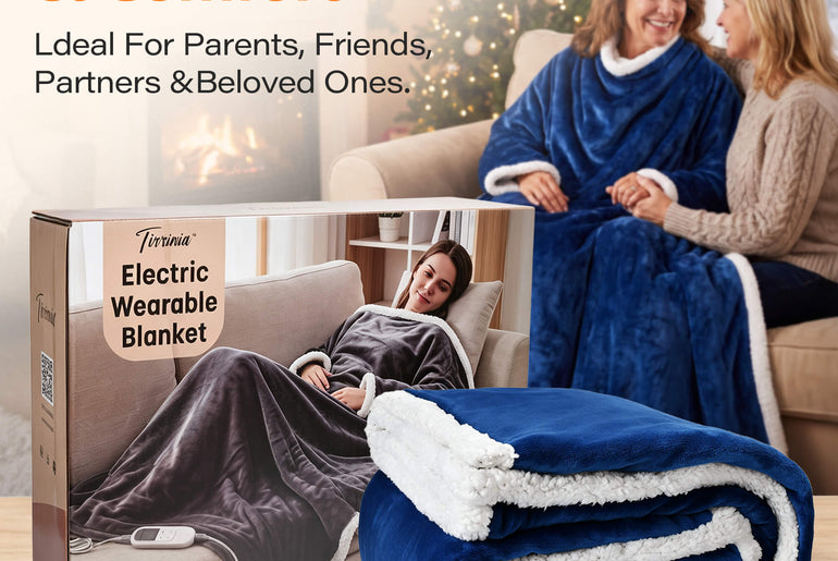 Tirrinia Heated Wearable Blanket with Sleeves — Electric Snuggle Blanket Robe, 10 Heat Levels & 1-12H Timer, Sherpa Flannel, Foot Pockets, 70" x 50"