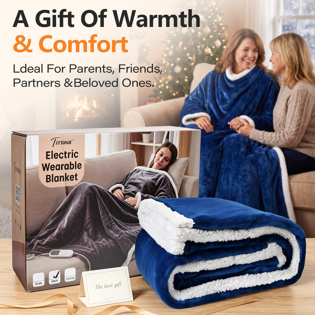 Tirrinia Heated Wearable Blanket with Sleeves — Electric Snuggle Blanket Robe, 10 Heat Levels & 1-12H Timer, Sherpa Flannel, Foot Pockets, 70" x 50"