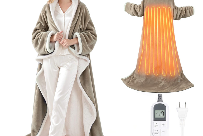 Tirrinia Heated Wearable Blanket with Sleeves — Electric Snuggle Blanket Robe, 10 Heat Levels & 1-12H Timer, Sherpa Flannel, Foot Pockets, 70" x 50"