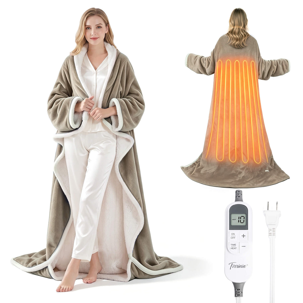 Tirrinia Heated Wearable Blanket with Sleeves — Electric Snuggle Blanket Robe, 10 Heat Levels & 1-12H Timer, Sherpa Flannel, Foot Pockets, 70" x 50"