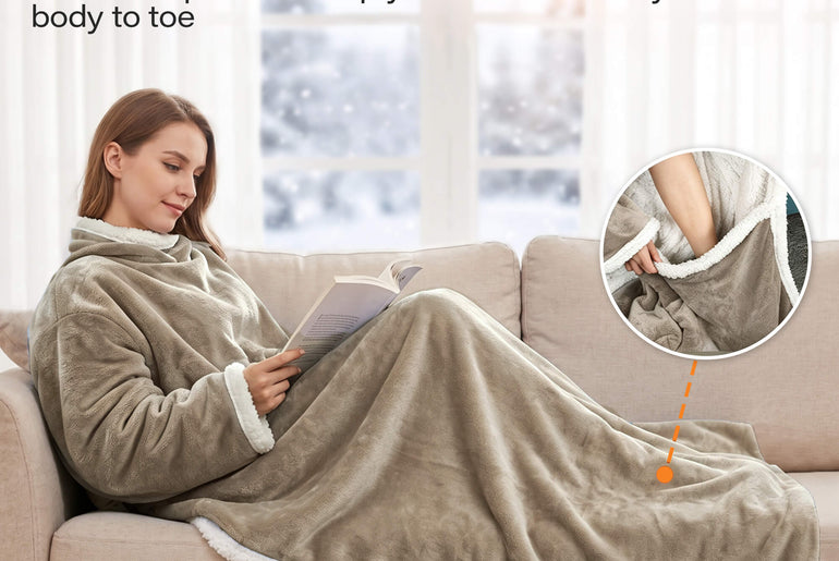Tirrinia Heated Wearable Blanket with Sleeves — Electric Snuggle Blanket Robe, 10 Heat Levels & 1-12H Timer, Sherpa Flannel, Foot Pockets, 70" x 50"