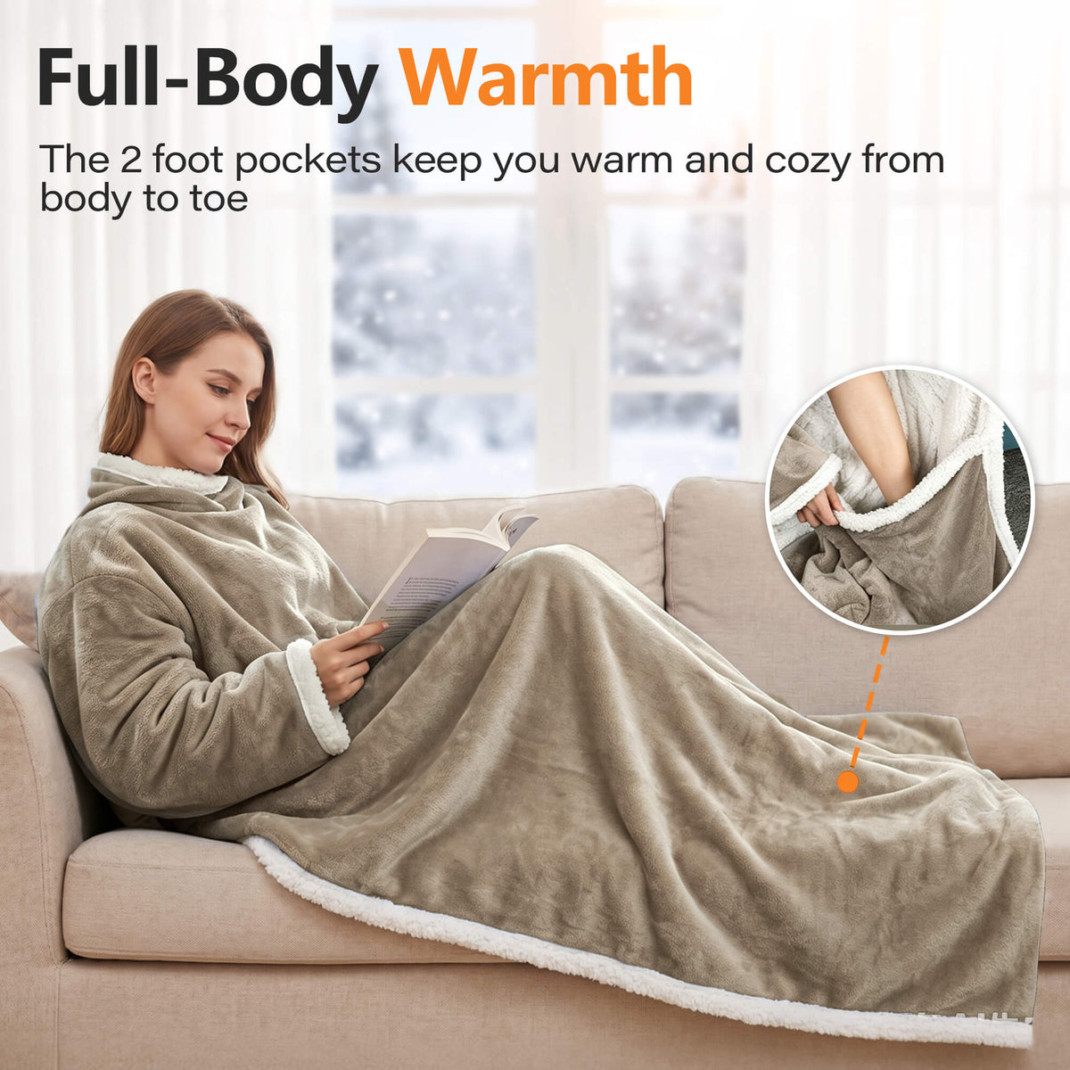 Tirrinia Heated Wearable Blanket with Sleeves — Electric Snuggle Blanket Robe, 10 Heat Levels & 1-12H Timer, Sherpa Flannel, Foot Pockets, 70" x 50"