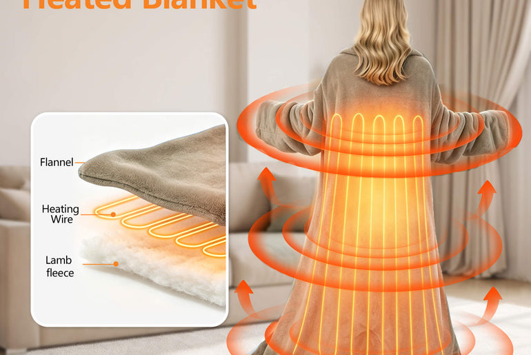 Tirrinia Heated Wearable Blanket with Sleeves — Electric Snuggle Blanket Robe, 10 Heat Levels & 1-12H Timer, Sherpa Flannel, Foot Pockets, 70" x 50"