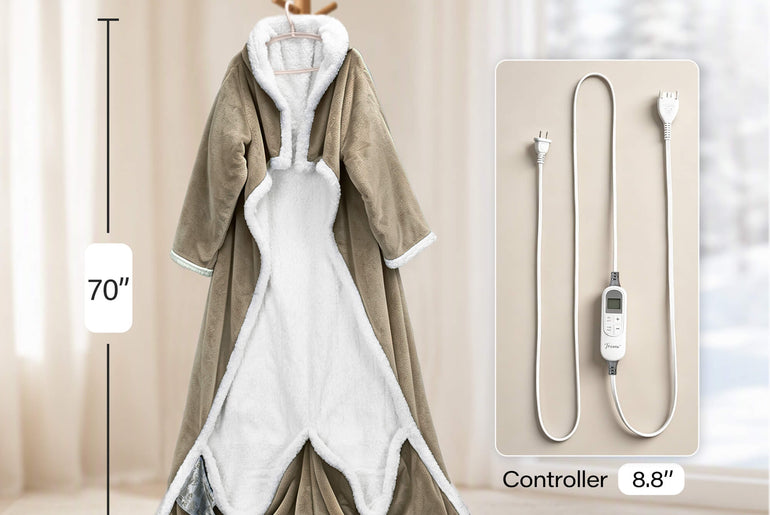 Tirrinia Heated Wearable Blanket with Sleeves — Electric Snuggle Blanket Robe, 10 Heat Levels & 1-12H Timer, Sherpa Flannel, Foot Pockets, 70" x 50"