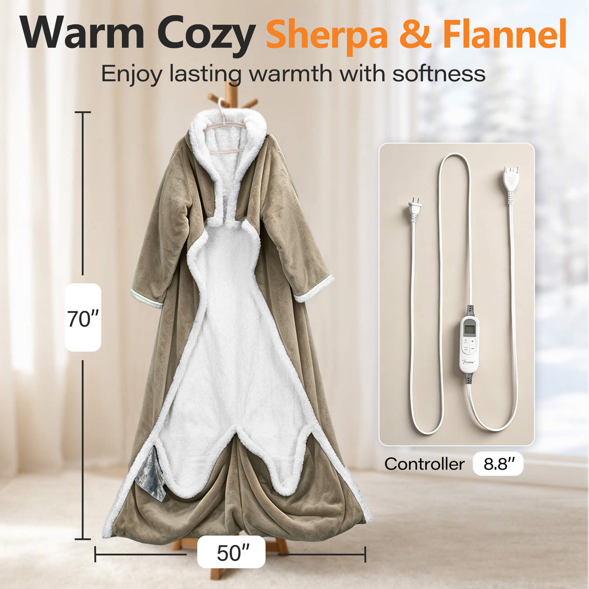 Tirrinia Heated Wearable Blanket with Sleeves — Electric Snuggle Blanket Robe, 10 Heat Levels & 1-12H Timer, Sherpa Flannel, Foot Pockets, 70" x 50"