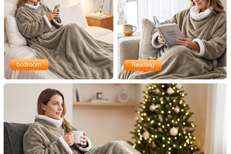 Tirrinia Heated Wearable Blanket with Sleeves — Electric Snuggle Blanket Robe, 10 Heat Levels & 1-12H Timer, Sherpa Flannel, Foot Pockets, 70" x 50"
