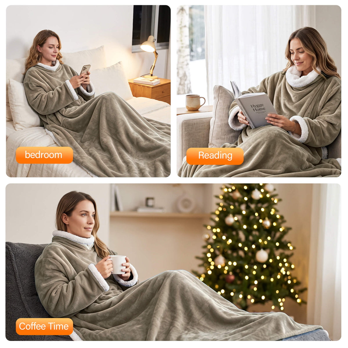 Tirrinia Heated Wearable Blanket with Sleeves — Electric Snuggle Blanket Robe, 10 Heat Levels & 1-12H Timer, Sherpa Flannel, Foot Pockets, 70" x 50"