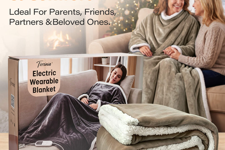 Tirrinia Heated Wearable Blanket with Sleeves — Electric Snuggle Blanket Robe, 10 Heat Levels & 1-12H Timer, Sherpa Flannel, Foot Pockets, 70" x 50"