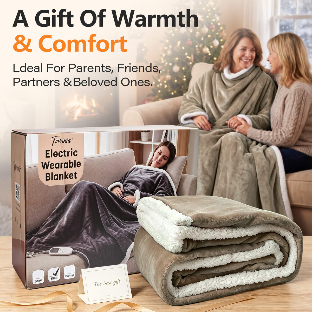 Tirrinia Heated Wearable Blanket with Sleeves — Electric Snuggle Blanket Robe, 10 Heat Levels & 1-12H Timer, Sherpa Flannel, Foot Pockets, 70" x 50"
