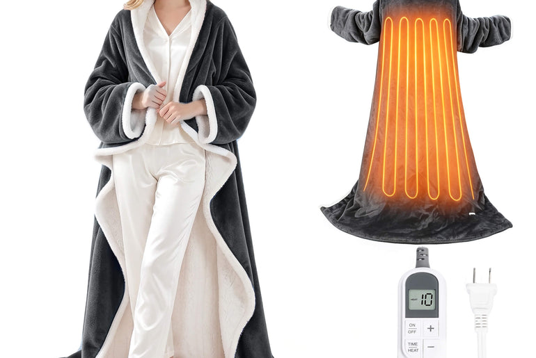 Tirrinia Heated Wearable Blanket with Sleeves — Electric Snuggle Blanket Robe, 10 Heat Levels & 1-12H Timer, Sherpa Flannel, Foot Pockets, 70" x 50"