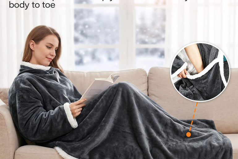 Tirrinia Heated Wearable Blanket with Sleeves — Electric Snuggle Blanket Robe, 10 Heat Levels & 1-12H Timer, Sherpa Flannel, Foot Pockets, 70" x 50"
