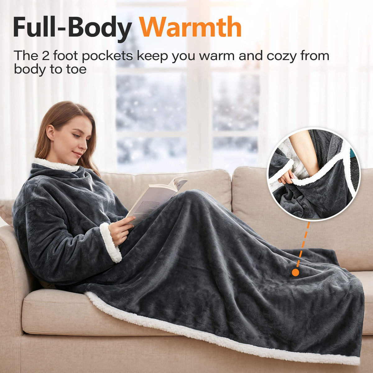 Tirrinia Heated Wearable Blanket with Sleeves — Electric Snuggle Blanket Robe, 10 Heat Levels & 1-12H Timer, Sherpa Flannel, Foot Pockets, 70" x 50"
