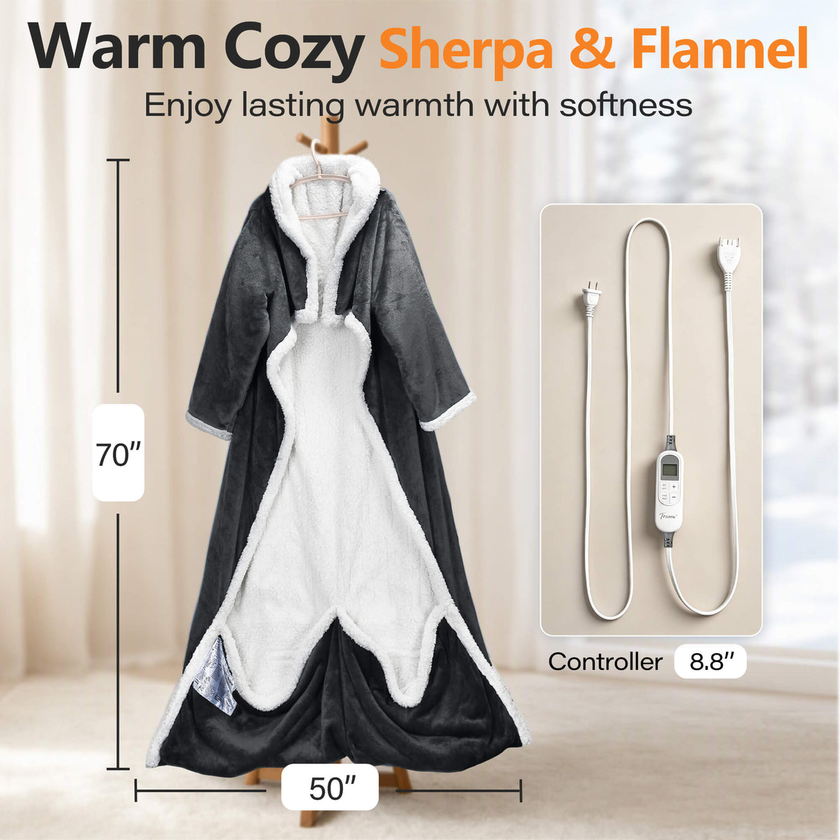 Tirrinia Heated Wearable Blanket with Sleeves — Electric Snuggle Blanket Robe, 10 Heat Levels & 1-12H Timer, Sherpa Flannel, Foot Pockets, 70" x 50"