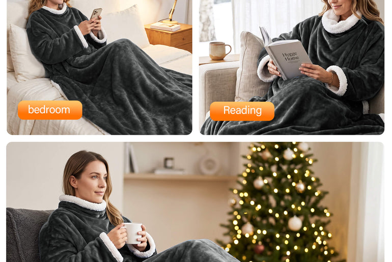 Tirrinia Heated Wearable Blanket with Sleeves — Electric Snuggle Blanket Robe, 10 Heat Levels & 1-12H Timer, Sherpa Flannel, Foot Pockets, 70" x 50"