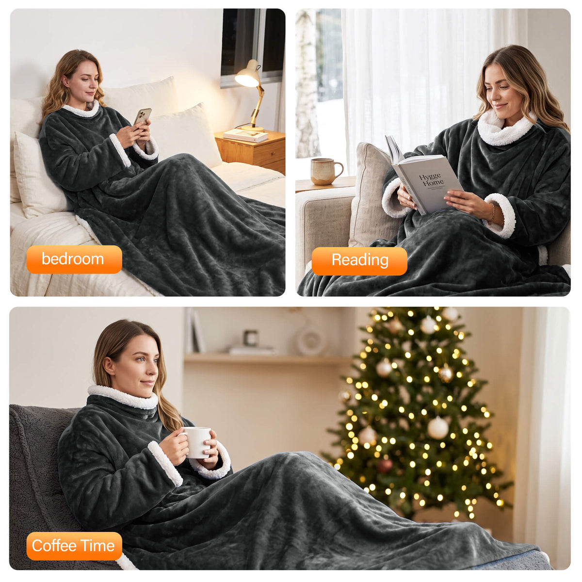 Tirrinia Heated Wearable Blanket with Sleeves — Electric Snuggle Blanket Robe, 10 Heat Levels & 1-12H Timer, Sherpa Flannel, Foot Pockets, 70" x 50"