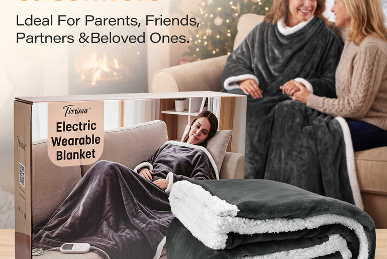Tirrinia Heated Wearable Blanket with Sleeves — Electric Snuggle Blanket Robe, 10 Heat Levels & 1-12H Timer, Sherpa Flannel, Foot Pockets, 70" x 50"