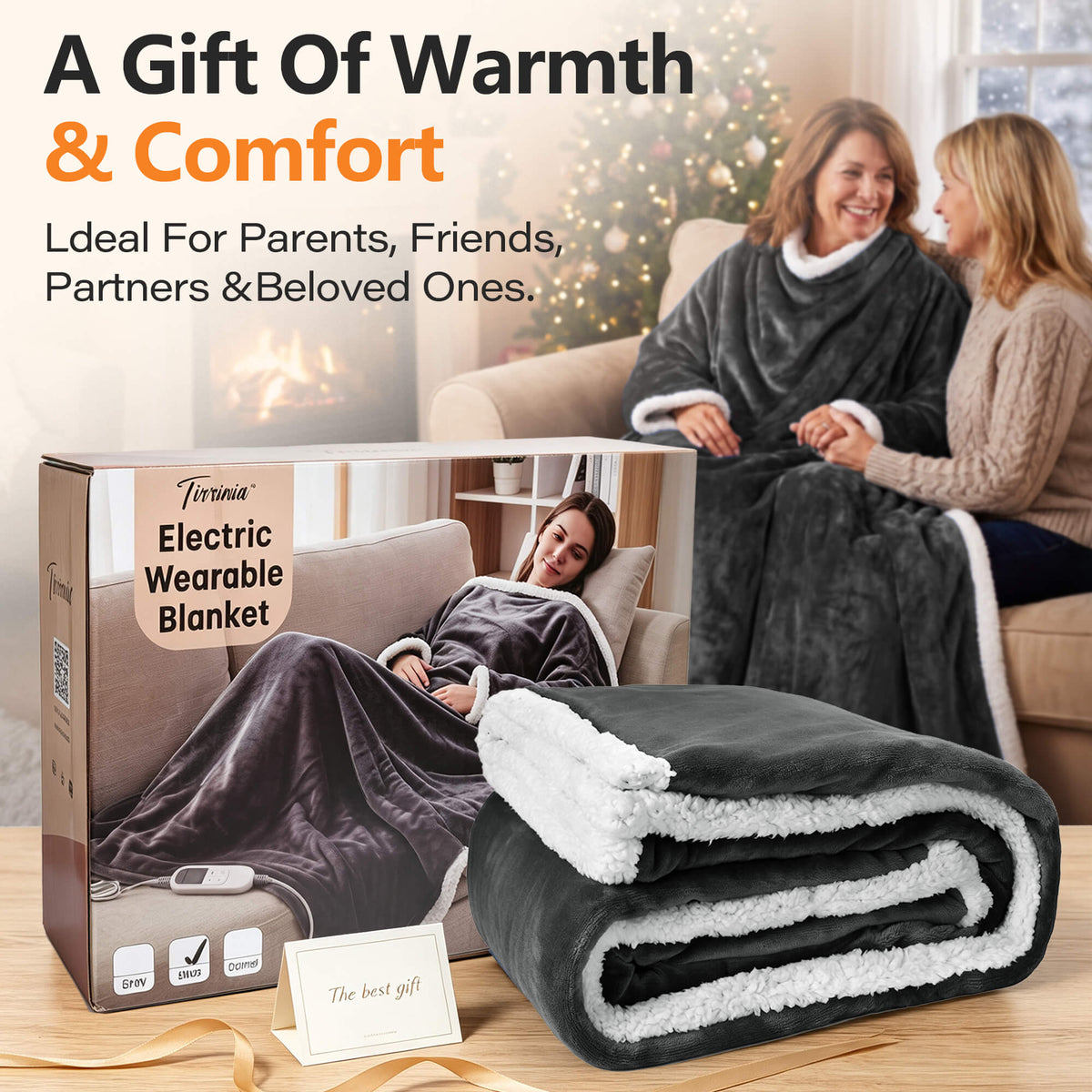 Tirrinia Heated Wearable Blanket with Sleeves — Electric Snuggle Blanket Robe, 10 Heat Levels & 1-12H Timer, Sherpa Flannel, Foot Pockets, 70" x 50"