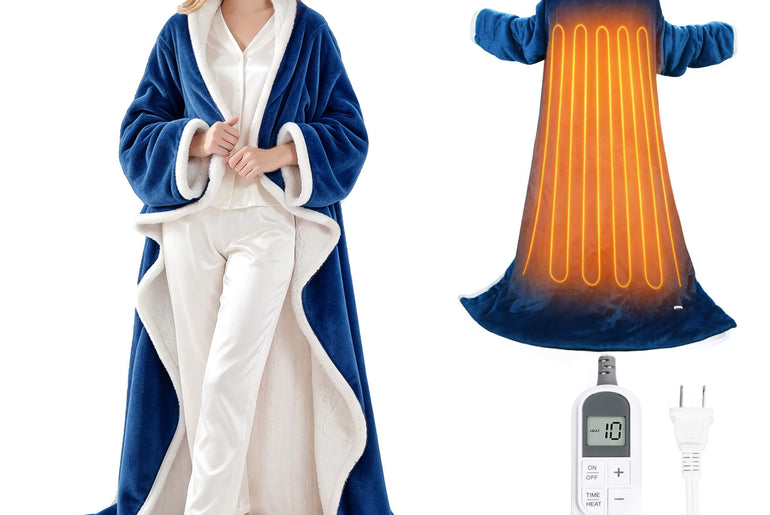 Tirrinia Heated Wearable Blanket with Sleeves — Electric Snuggle Blanket Robe, 10 Heat Levels & 1-12H Timer, Sherpa Flannel, Foot Pockets, 70" x 50"