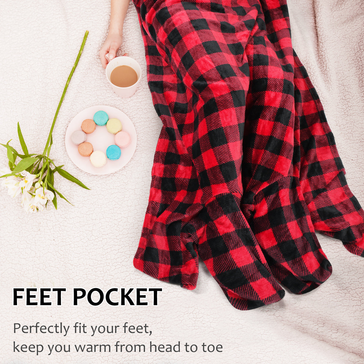 Fleece Wearable Travel Blanket with Foot Pockets