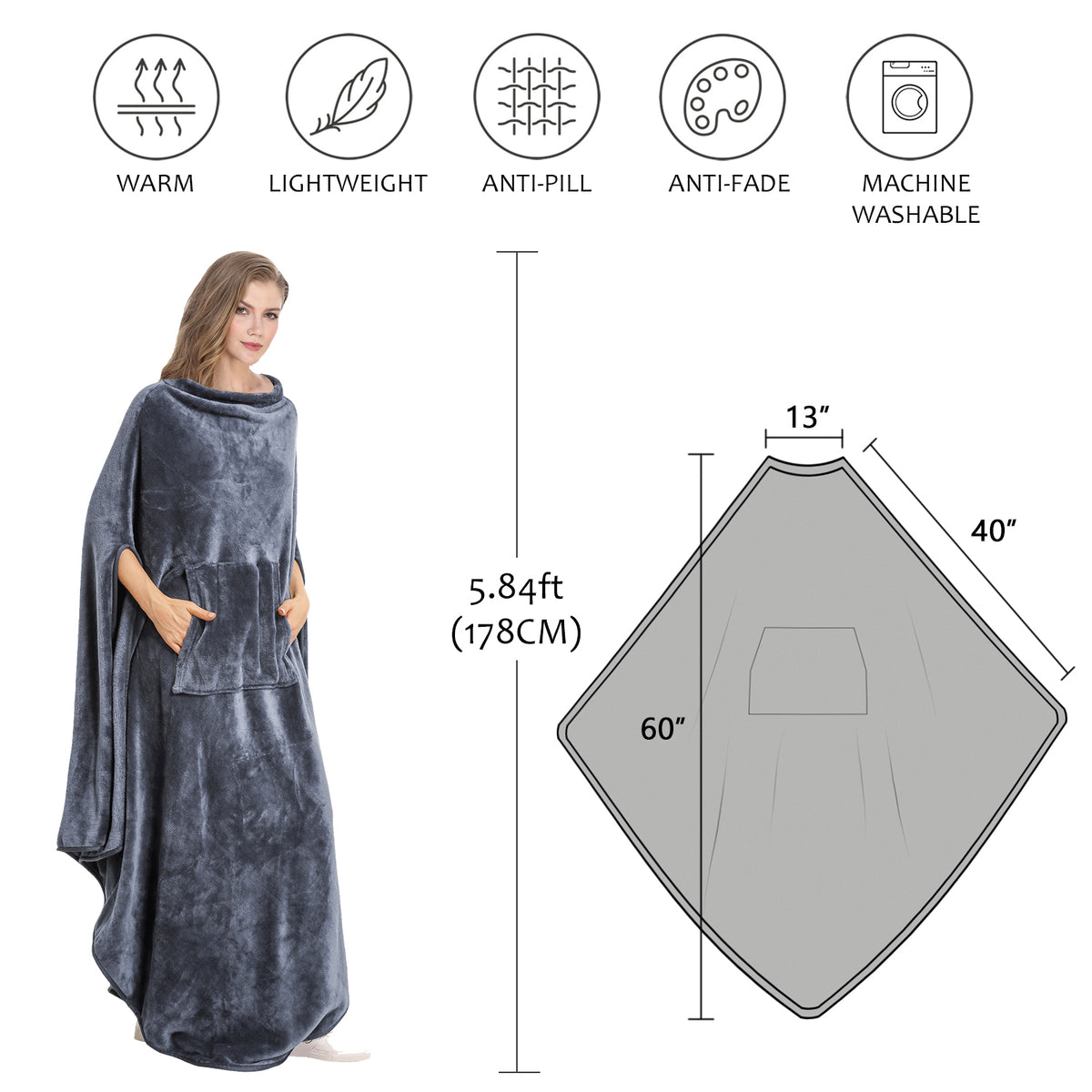 Long Fleece Wearable Poncho Blanket