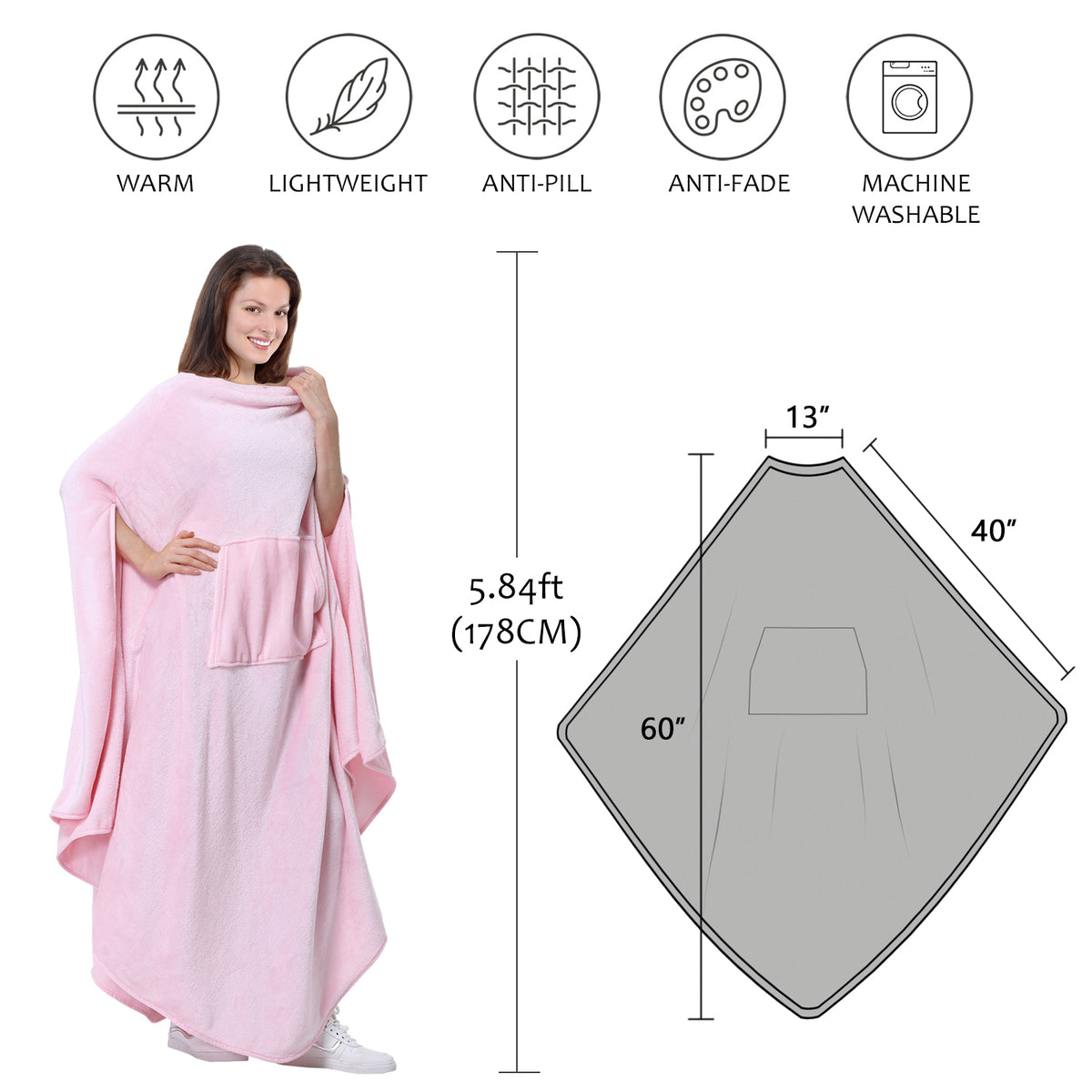 Long Fleece Wearable Poncho Blanket