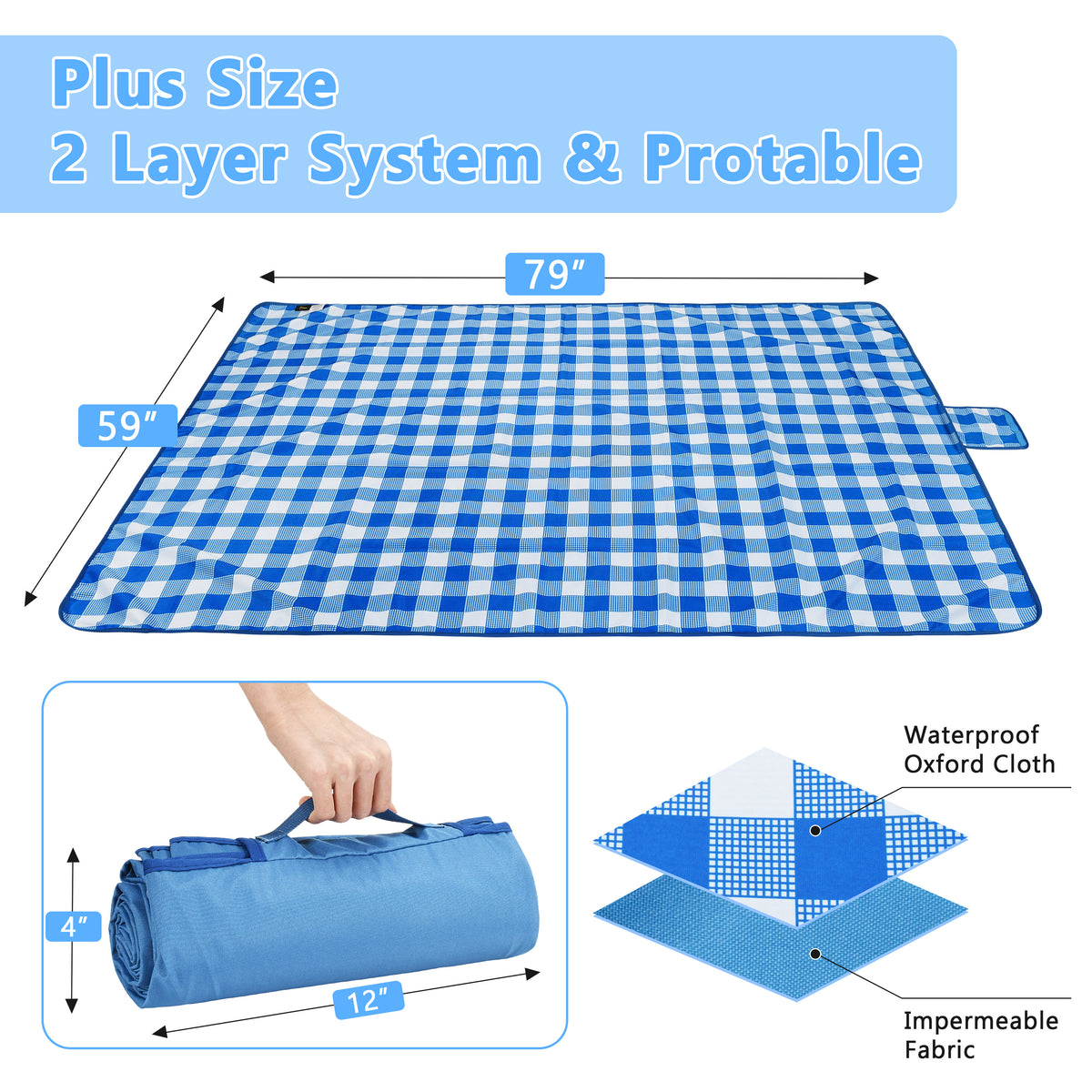 Warp Knit Fabric Camping Waterproof Throw Blanket  for Summer, 60”x 80” front view