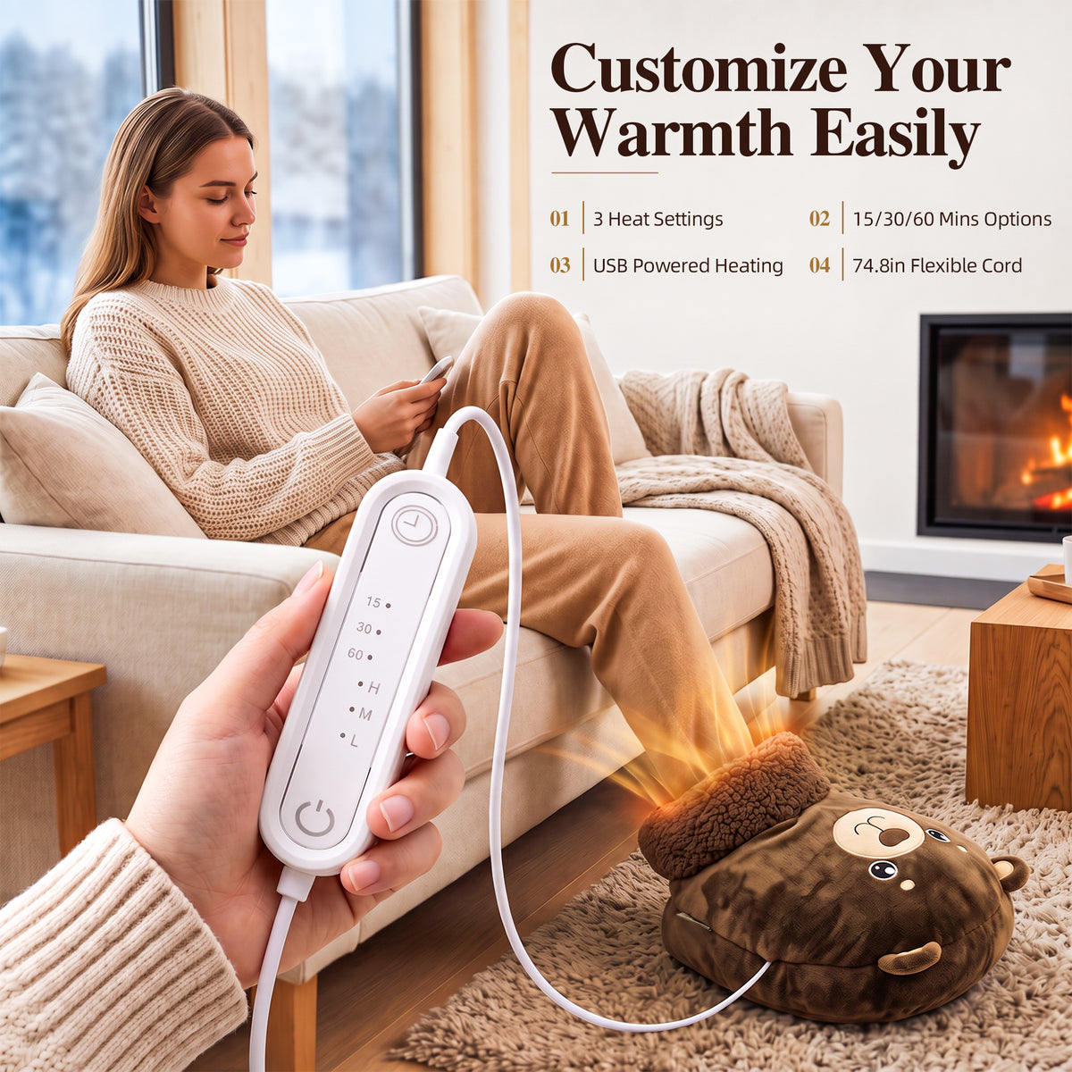 Tirrinia Electric Foot Warmer — USB Heated Plush Foot Warmer with 3 Heat Settings & Timer, Adult & Kids Sizes