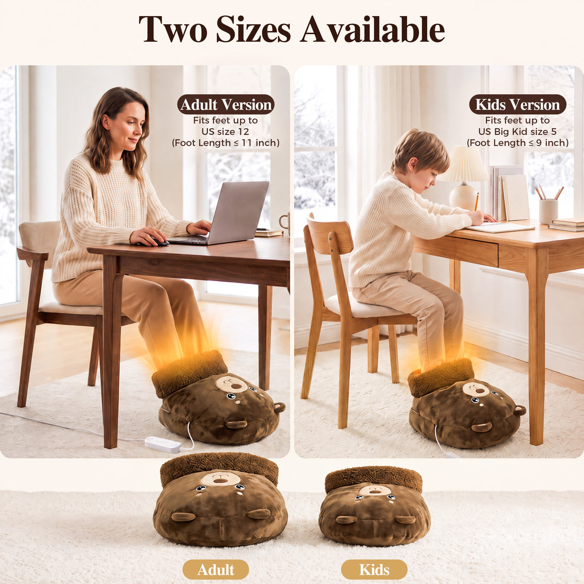 Tirrinia Electric Foot Warmer — USB Heated Plush Foot Warmer with 3 Heat Settings & Timer, Adult & Kids Sizes