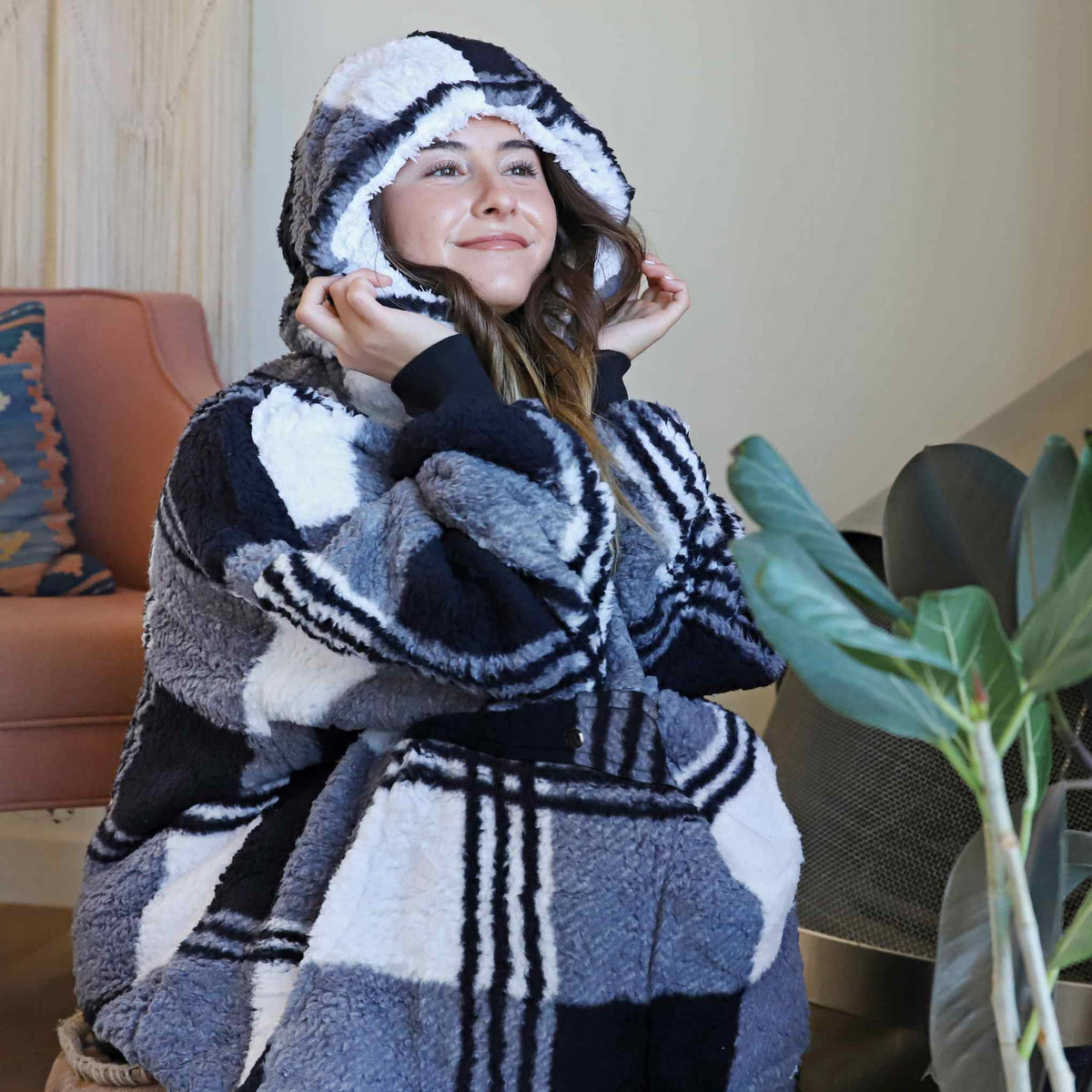 Plaid Oversized Single Layer Hoodie Blanket