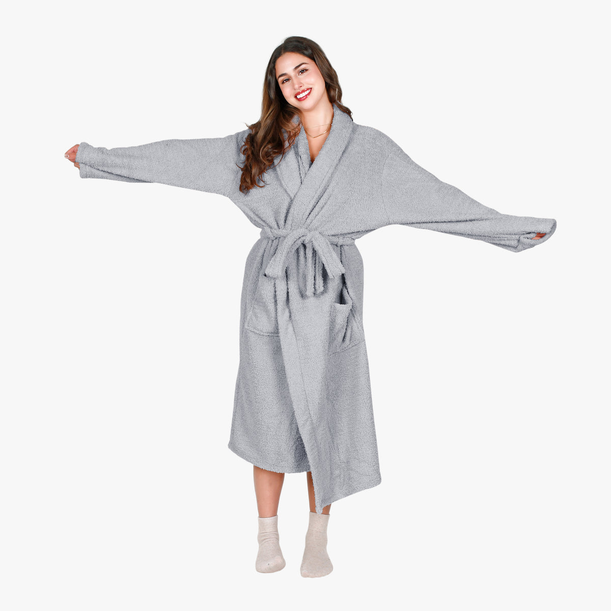Premium Fluffy Plush Soft Robe for Women Grey front view