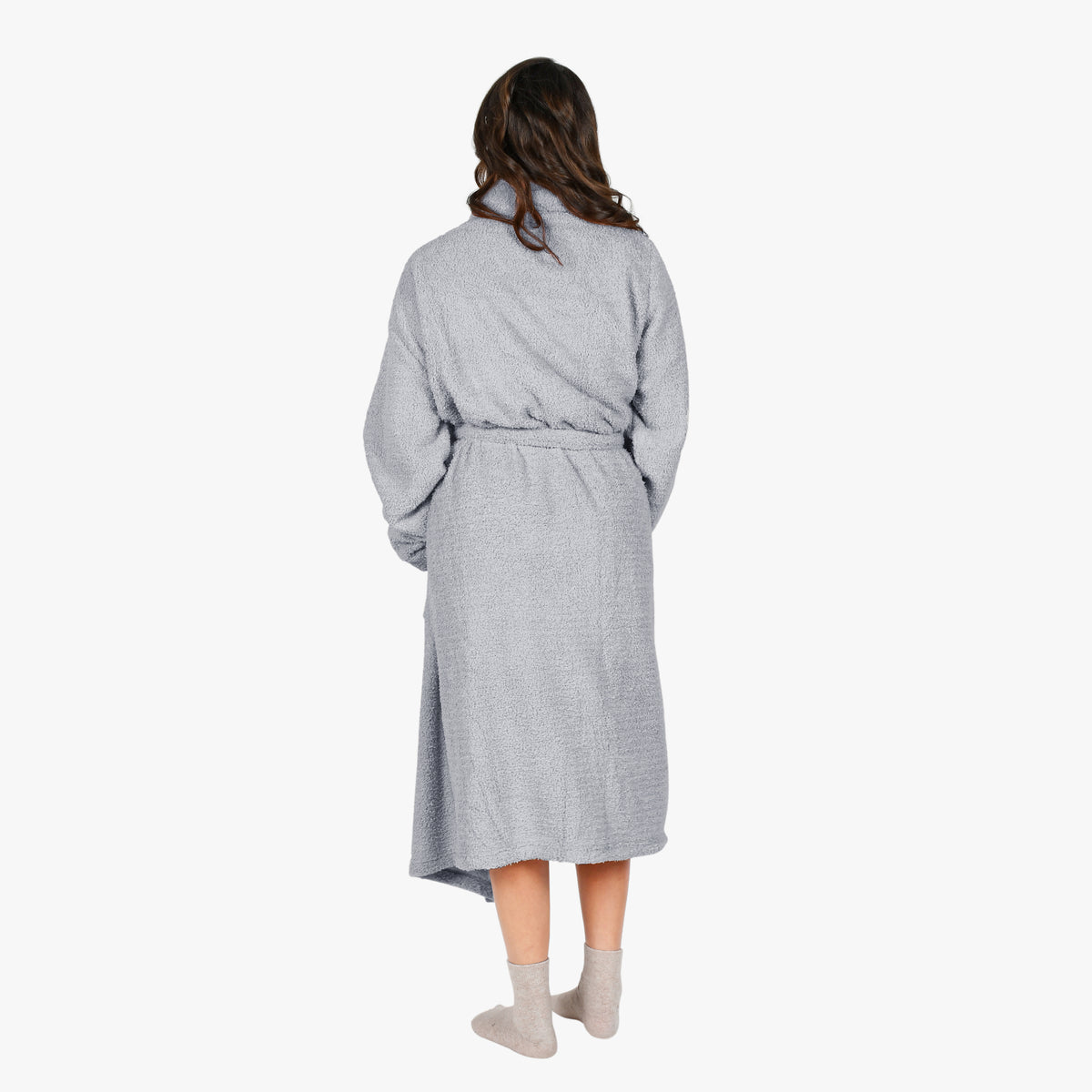 Premium Fluffy Plush Soft Robe for Women Grey back view